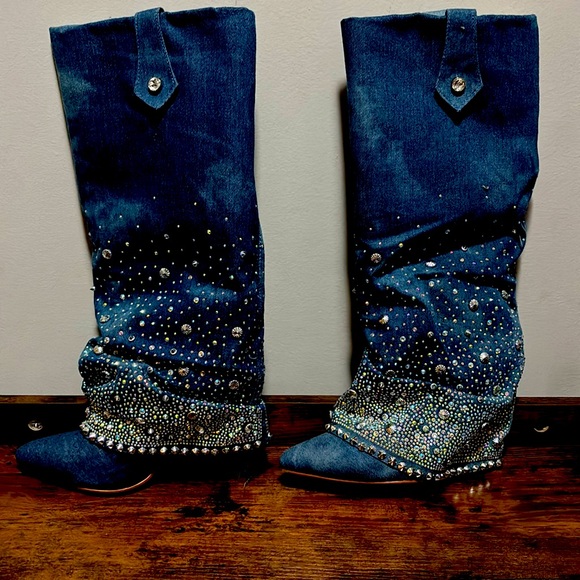 Azalea Wang Embellished Denim Knee-High Boots - Picture 1 of 6